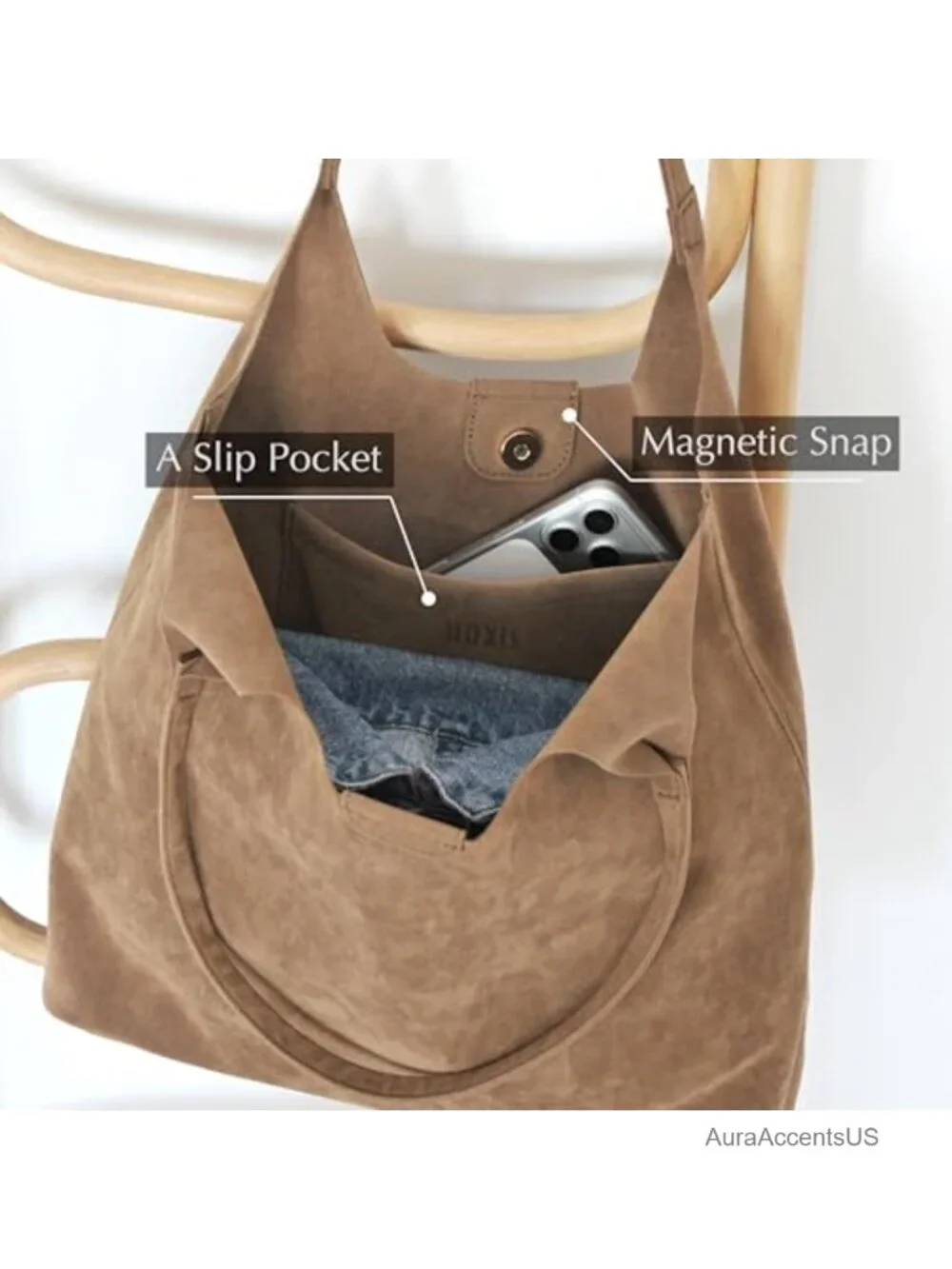 Faux Suede Hobo Tote Bag with Magnetic Closure - Lightweight Vegan Leather